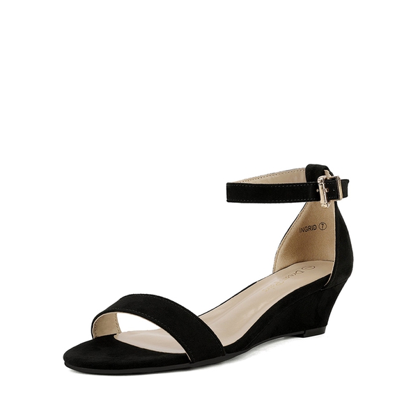 Ankle Strap Low Wedge Heel Sandals - BLACK SUEDE -  0